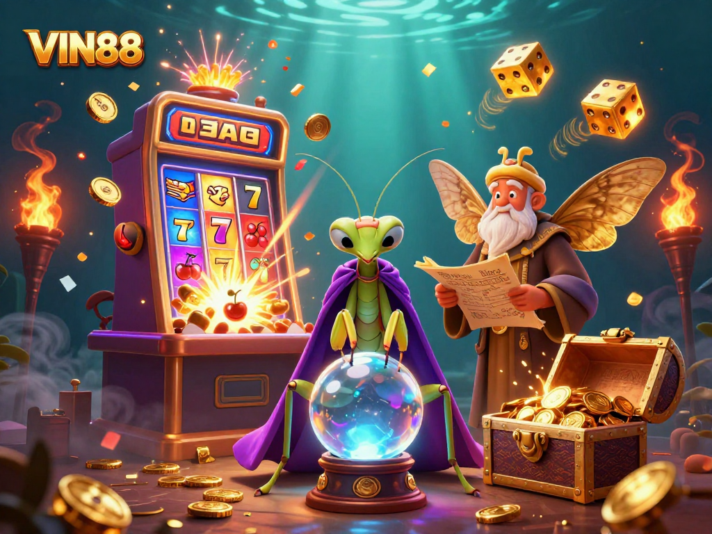 Engage with thrilling casino experiences at VIN88 with vibrant games and lucky symbols vividly illustrated.