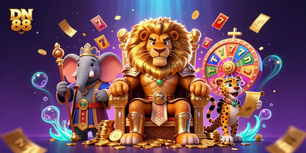Experience thrilling wins at DN 88 with a fierce lion king and vibrant casino elements.