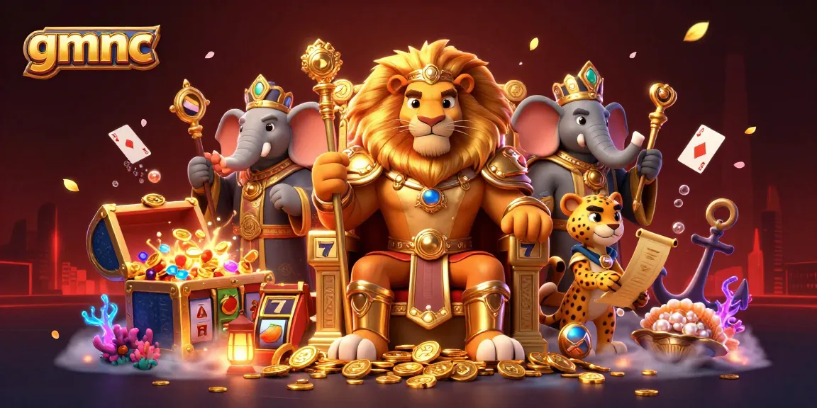 Engage in winning strategies at gmnc with vibrant 3D casino scene featuring a lion king and dynamic gaming elements.