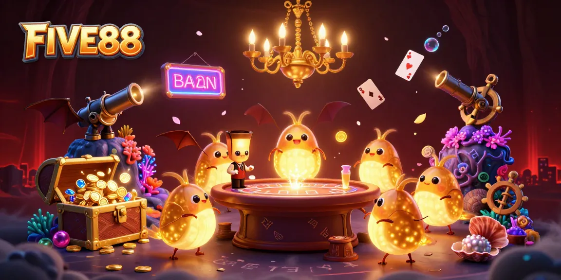 Experience FIVE88's immersive cave casino with glowing glowworms and a bat dealer amidst treasure and games.