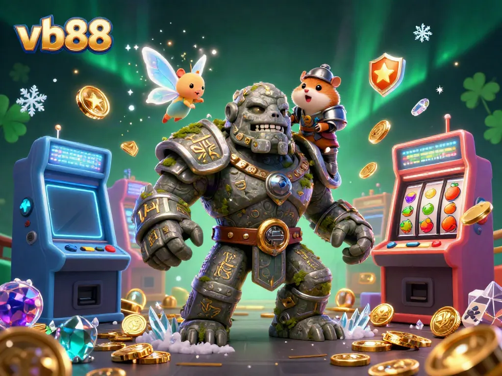 Experience thrilling gameplay at vb88 with a vibrant 3D scene showcasing a magical golem and casino elements.