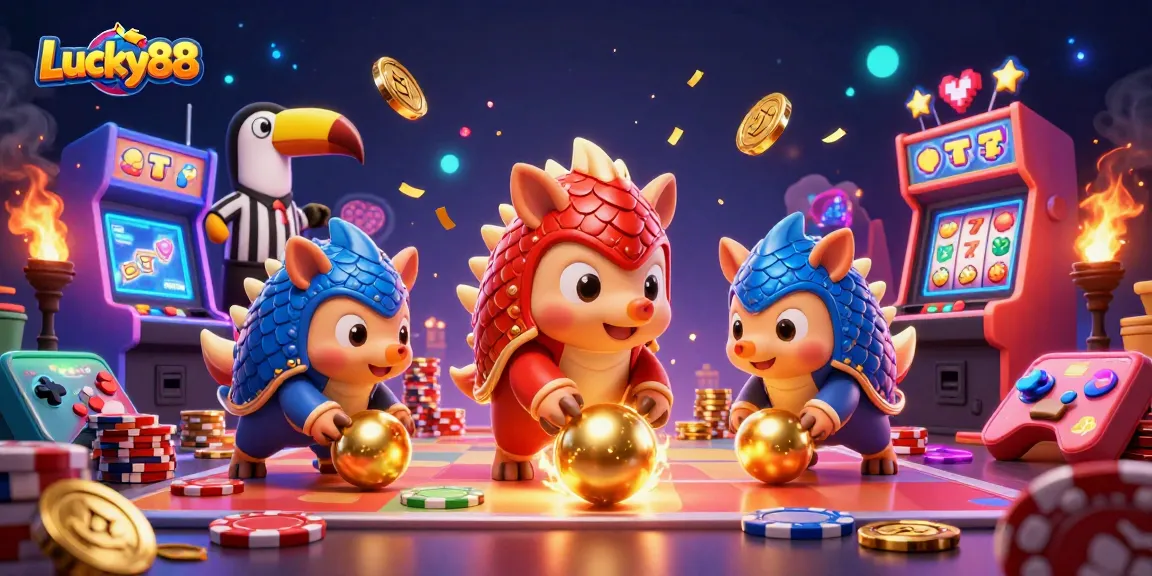 Engage with the Lucky88 slot game featuring animated pangolins and vibrant casino elements.