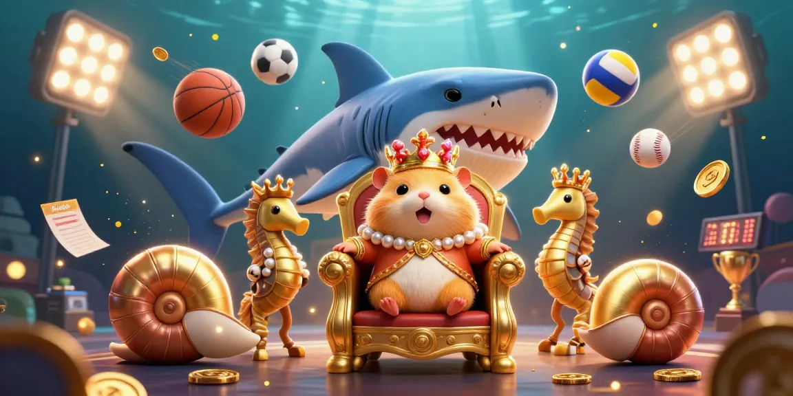 Kuwin's golden hamster king reigns from a shark throne amidst vibrant sports betting action.