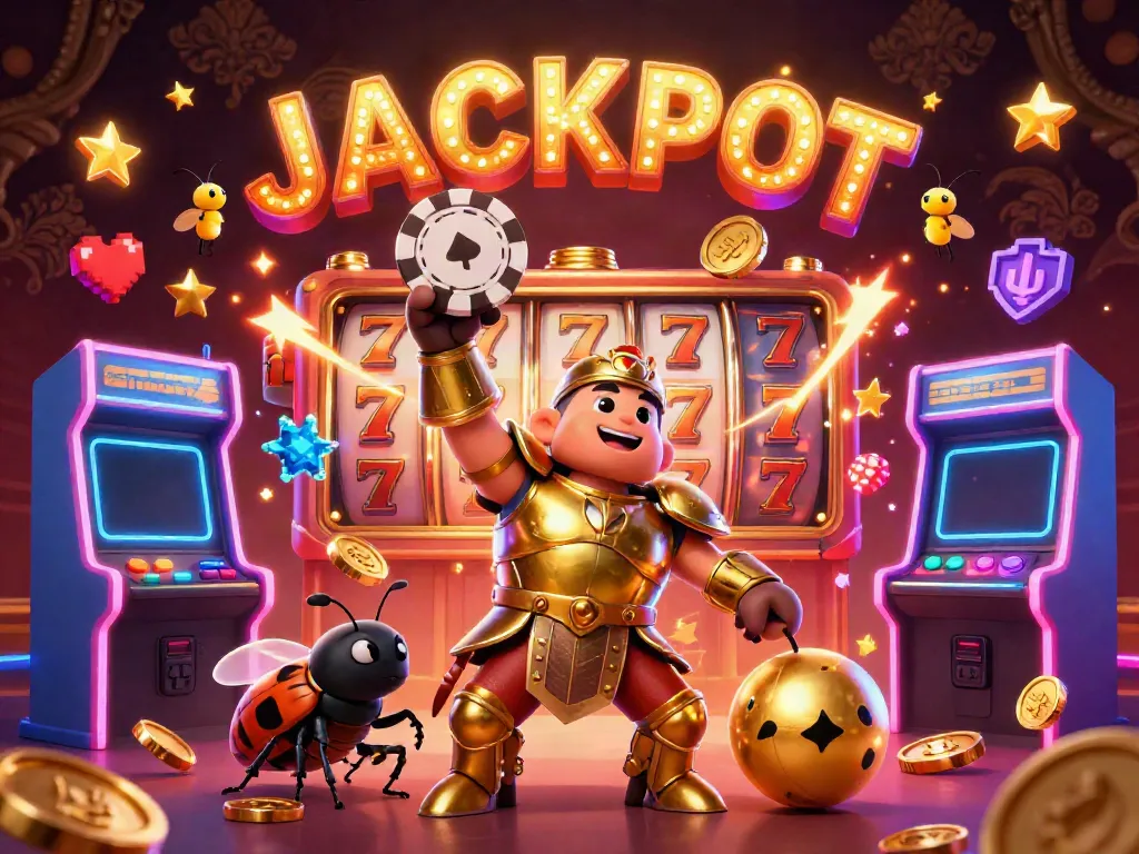 8XBET brings excitement with hercules beetle winning a poker chip in a vibrant casino scene.