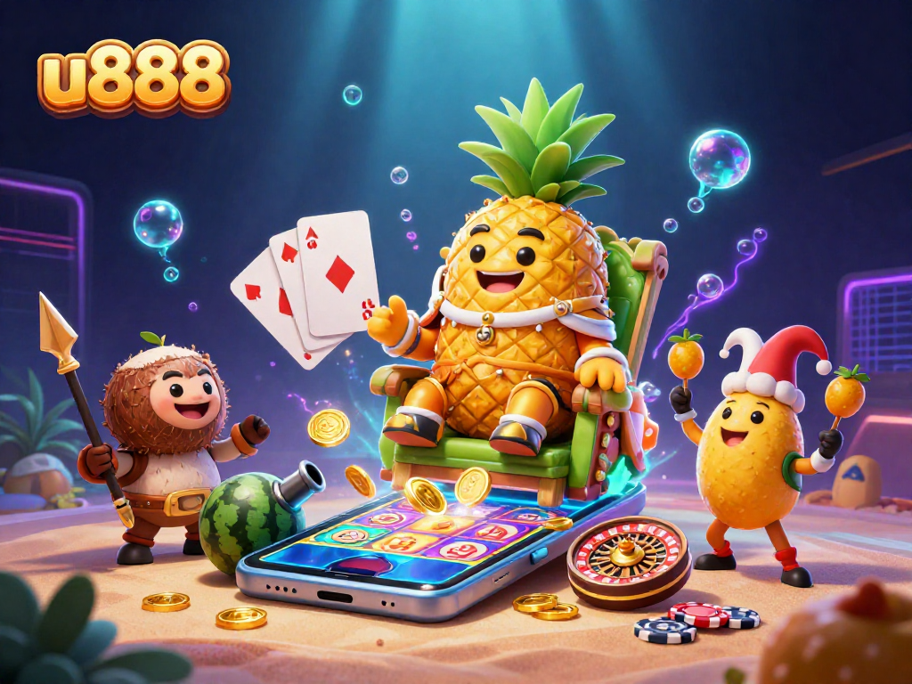 Engage with u888's vibrant beach casino scene featuring a golden pineapple king and interactive gameplay elements.