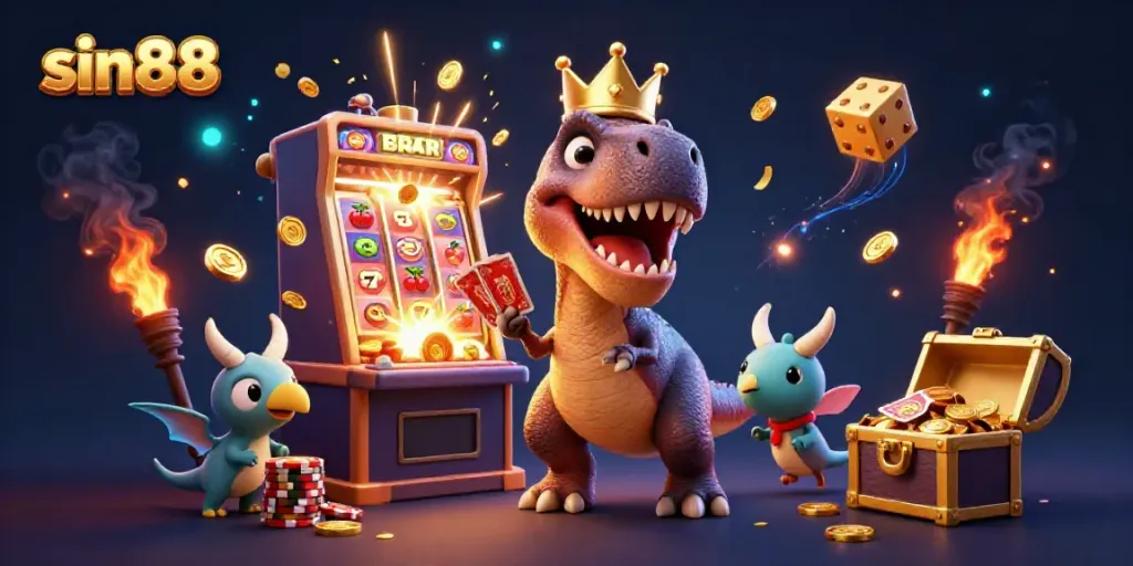 Experience the excitement of sin88 with a T-Rex shuffling cards and a jackpot bursting with coins.