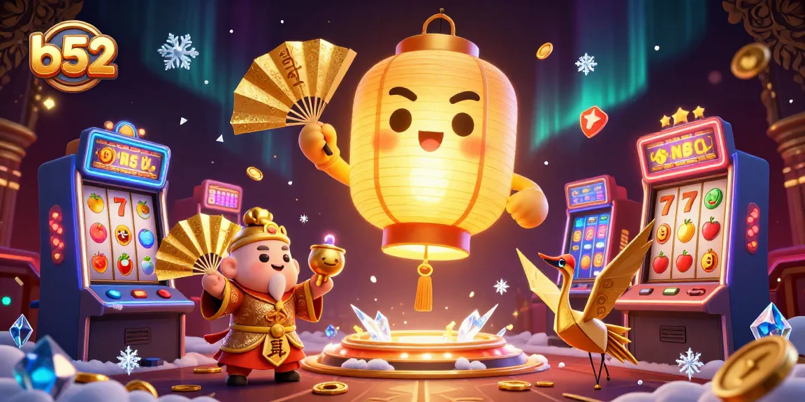 Engage in thrilling b52 casino gameplay featuring a golden lantern spirit with slot machines and lucky symbols.