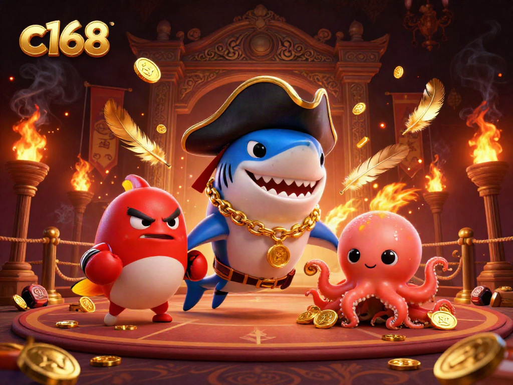 Engage in thrilling gaming action at c168 with cartoon pirate characters, gold coins, and vibrant elements.