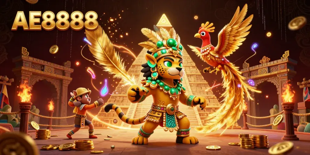 Engage in thrilling adventures at AE8888 online casino with vibrant Mayan-themed illustrations.