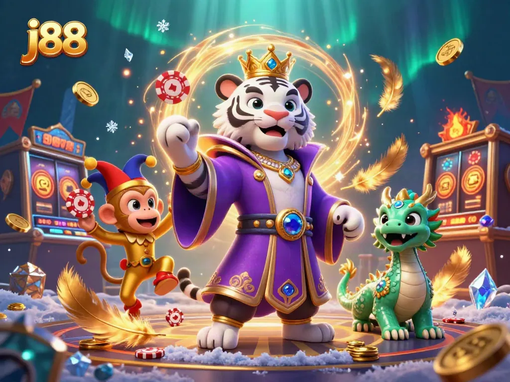 Experience winning moments at j88 casino with a vibrant 3D illustration of a majestic white tiger and a jester monkey.