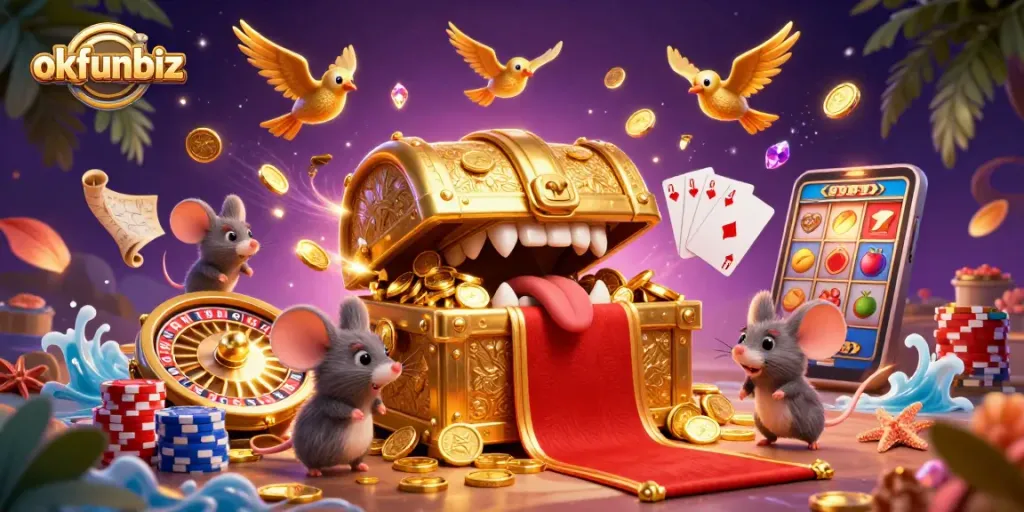 Engage with okfunbiz's thrilling casino allure, featuring a treasure chest and vibrant gaming elements.
