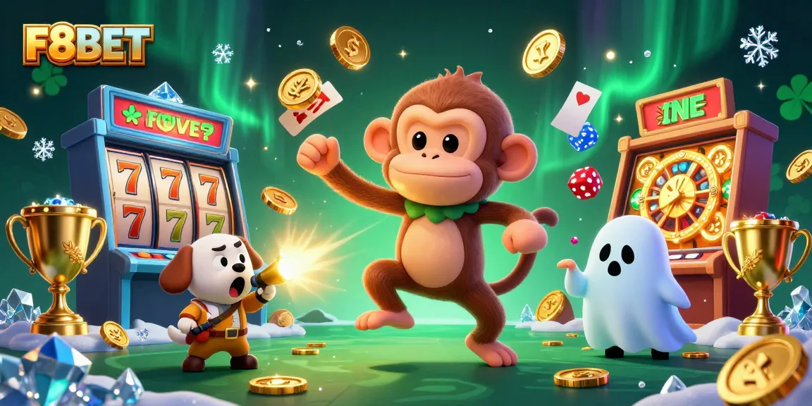 Play at F8BET with a playful ghost and puppy amidst a colorful casino adventure!