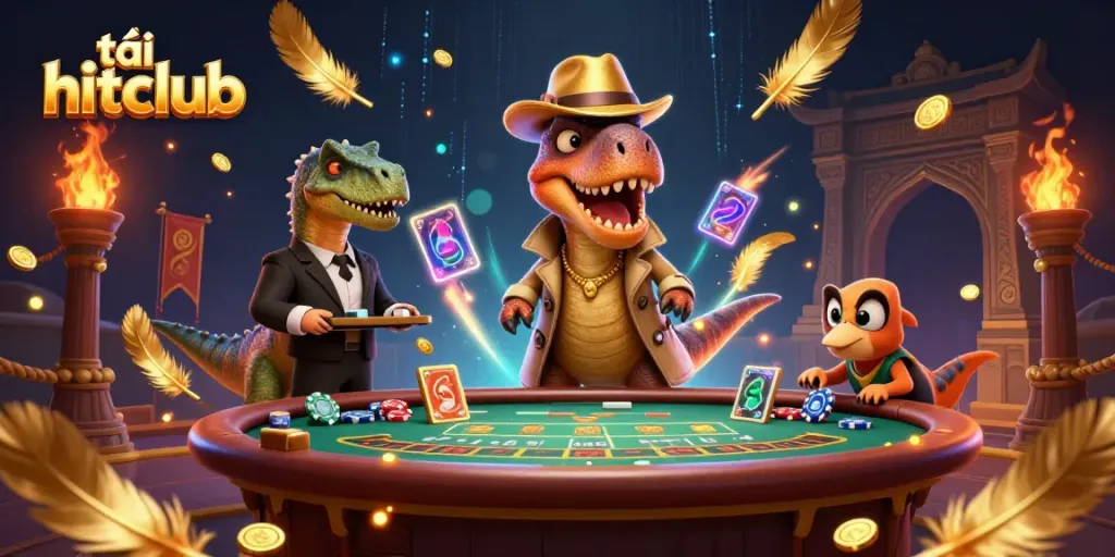 Win big with tải hitclub as a velociraptor card counter interacts at a vibrant casino scene.