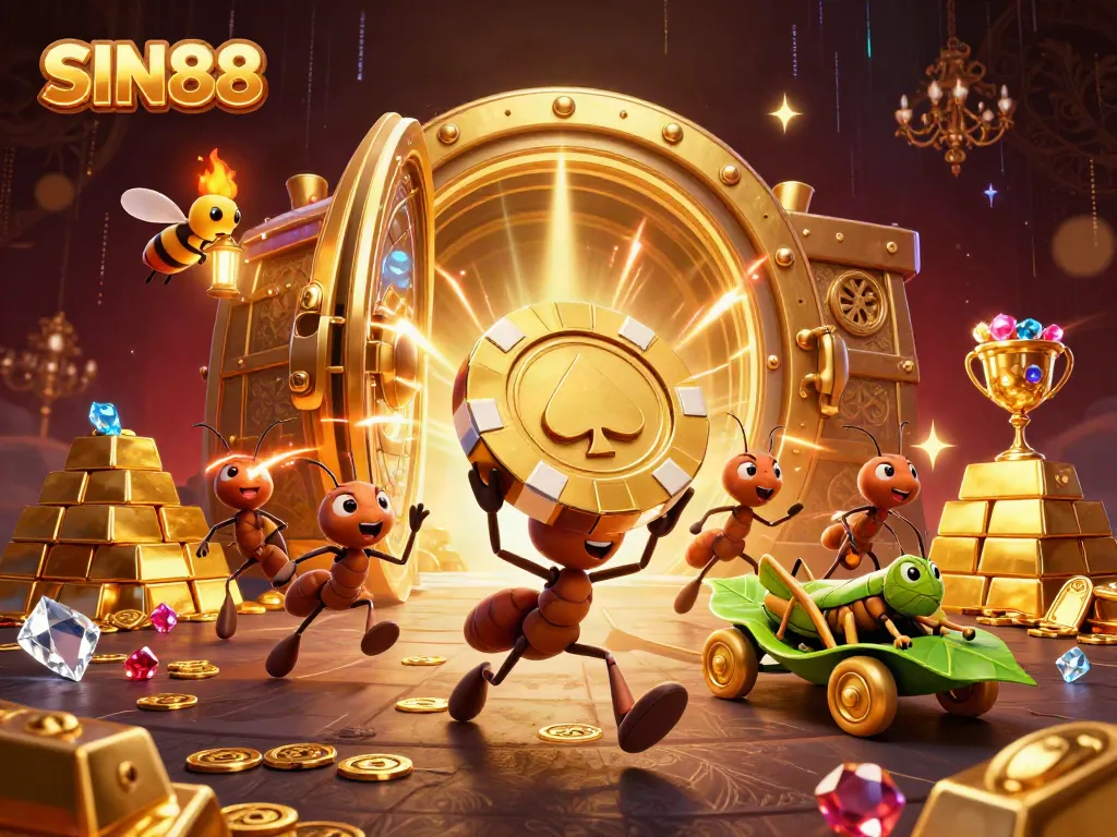 SIN88 showcases a vibrant heist scene with cartoon ants escaping with a large poker chip surrounded by treasures.