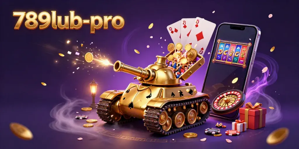 Win big at 789lub-pro with a thrilling casino inside a massive golden beetle tank illustration.