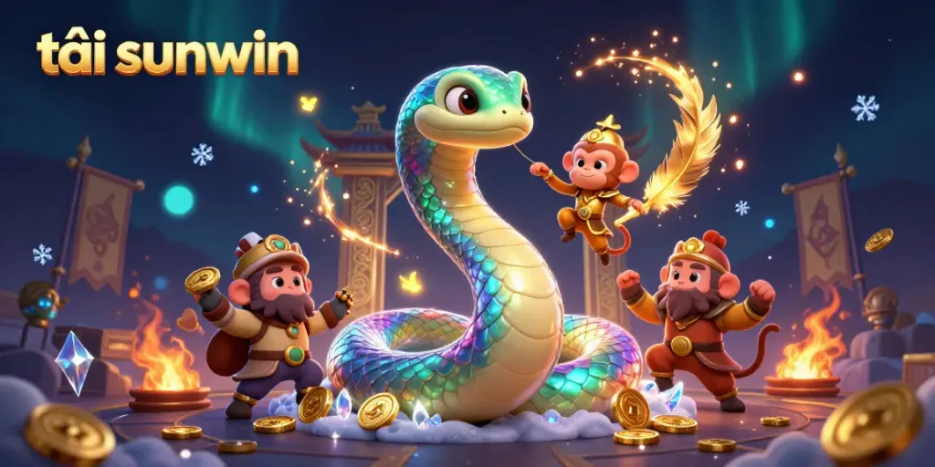 Experience excitement as you tải sunwin, featuring a colorful serpent and playful monkey amidst golden treasures.