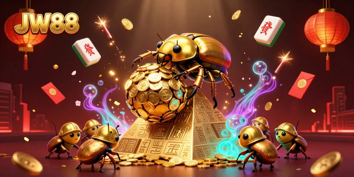 JW88 showcases a vibrant 3D scene with beetles and casino elements, emphasizing gaming excitement.
