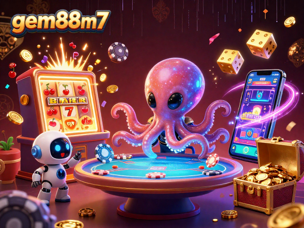 Experience excitement at gem88m7 with a captivating 3D casino scene featuring an alien octopus at a poker table.