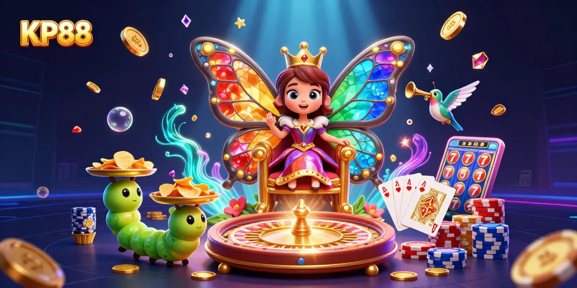 Experience the vibrant essence of KP88 with a whimsical illustration of the butterfly queen and casino elements.