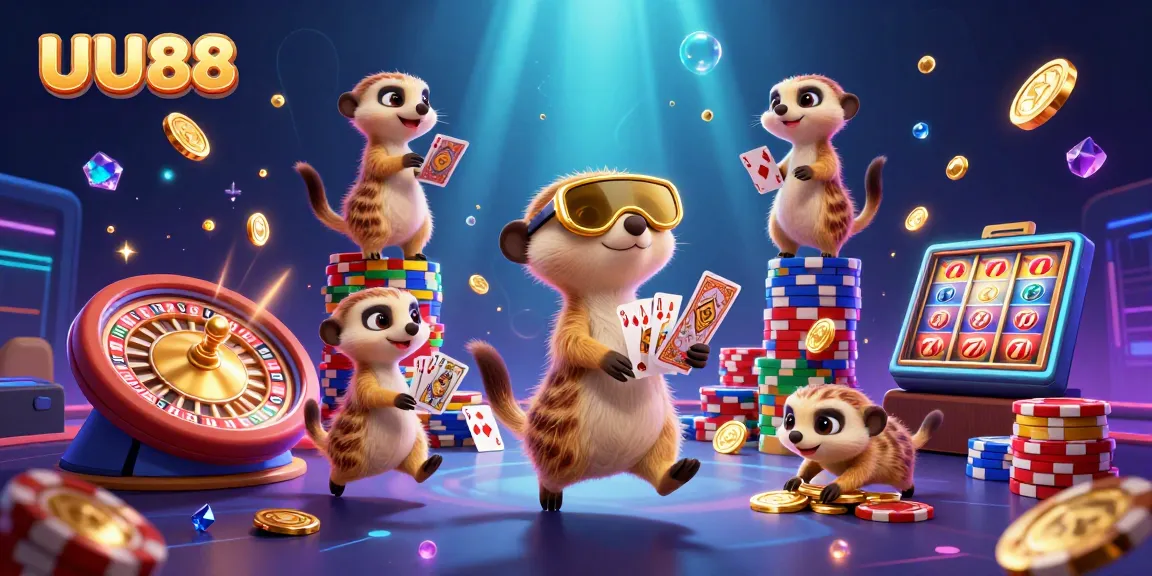 UU88 meerkats engaging in vibrant casino activities, showcasing dynamic gaming elements and excitement.