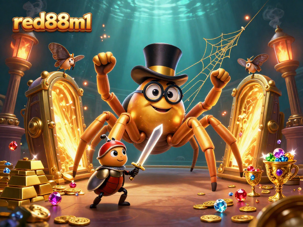 Watch the brave beetle knight approach the giant tarantula at red88m1's magical casino