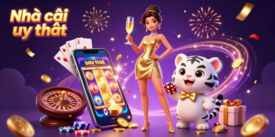 Experience thrill with Nhà cái uy tín featuring glamorous woman and lucky tiger at a vibrant casino scene.