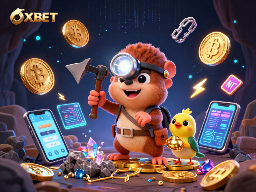 Join OXBET's treasure-seeking mole discovering crypto gems in a vibrant 3D casino illustration.