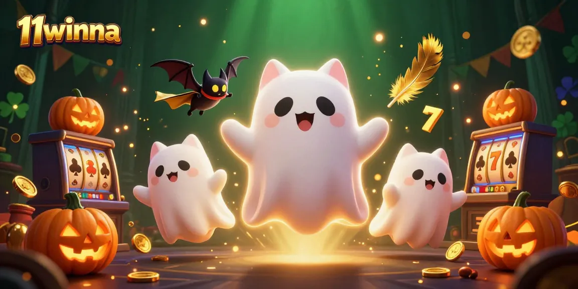 Experience the thrill of 11winna with a ghost cat and vampire bat in a lively casino scene.