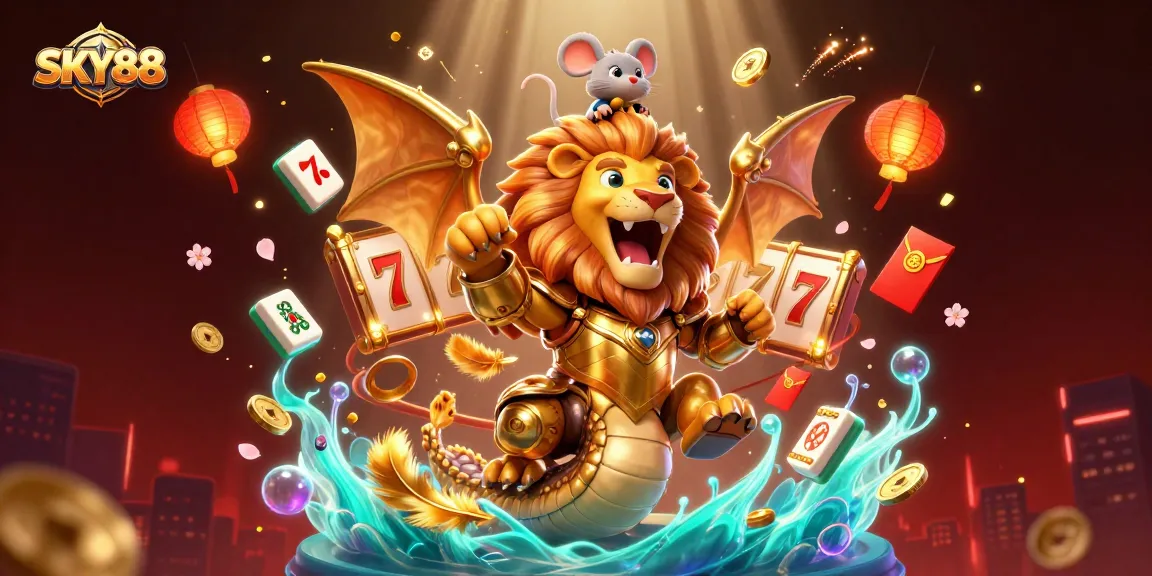 Experience thrilling spins at SKY88's vibrant casino scene featuring dynamic slot game elements.