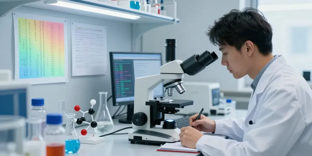 Researcher studying the H19 gene in a lab with advanced equipment