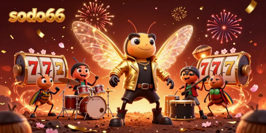 Sodo66 casino themed illustration showcasing a 3D cicada rock star with vibrant gaming elements and fireworks.