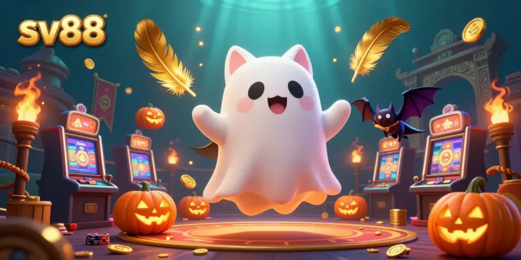 Experience the excitement of sv88 in a ghostly casino, featuring a friendly ghost cat and vampire bat.