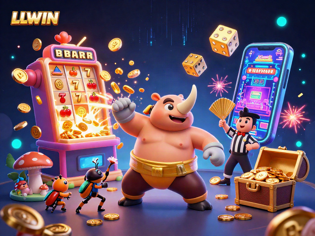 LLWIN challenges players to win as a beetle sumo champion stomps coins in a vibrant casino.