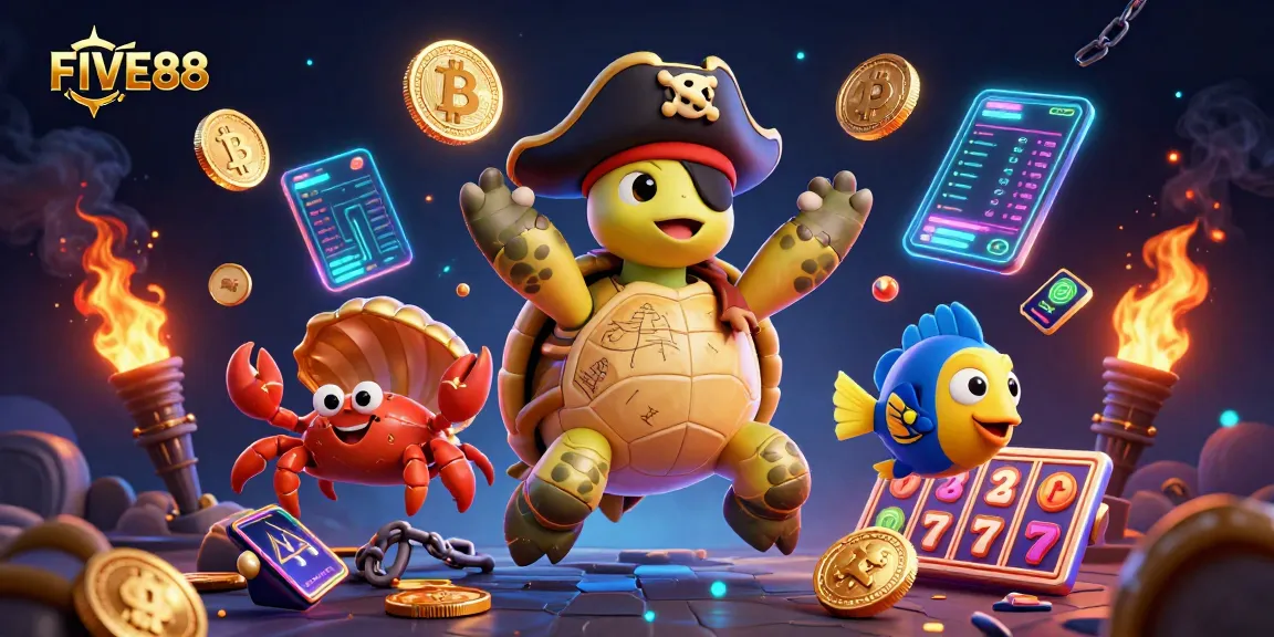 Engage with the vibrant FIVE88 pirate-themed casino adventure showcasing unique treasures and crypto elements.