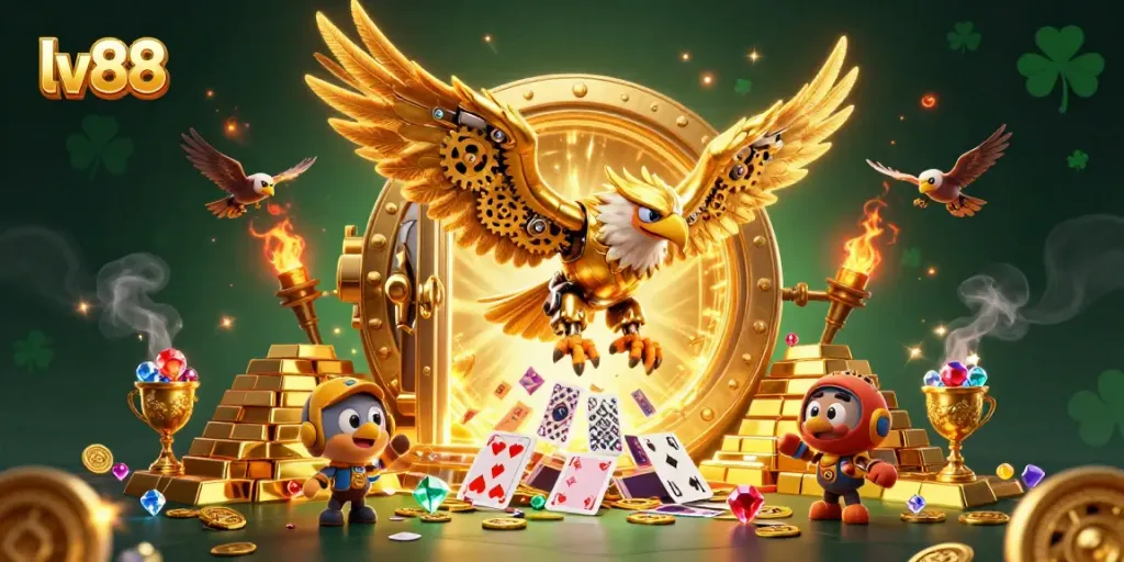 Engaging scene with the cybernetic golden eagle representing lv88 amidst treasures and playing cards in a vibrant casino backdrop.