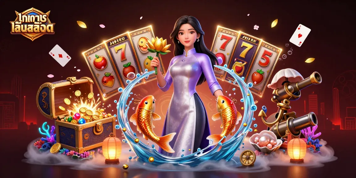 Experience the excitement of ทดลองเล่นสล็อต with vibrant slot reels and a stunning background.