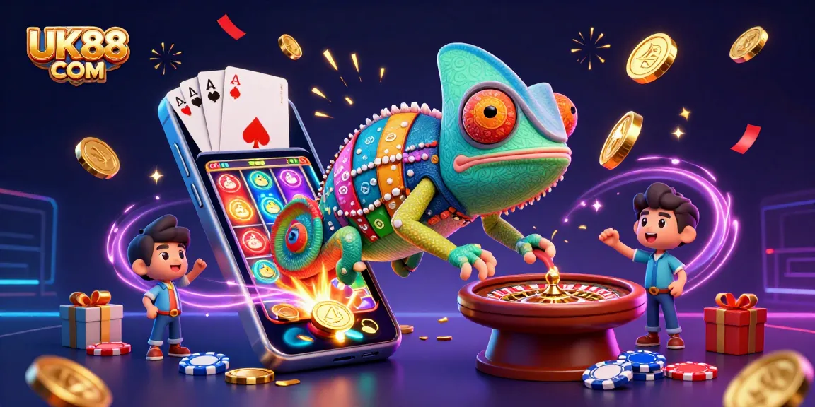 Experience the excitement of UK88 COM with animated characters capturing casino fun in a vibrant, colorful scene.