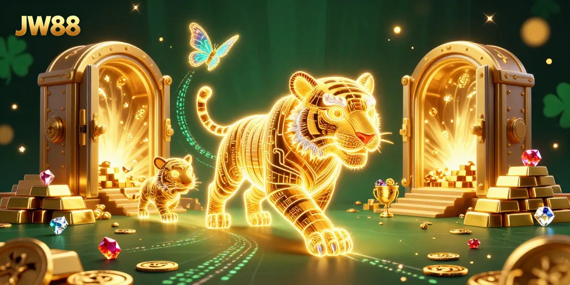 Experience gaming thrills at JW88 with a neon-wireframe golden tiger prowling a digital casino.