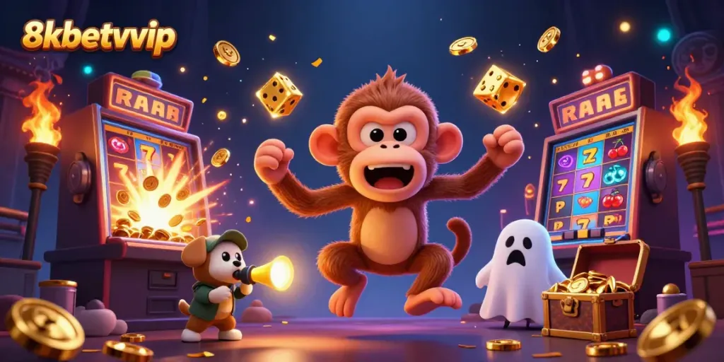 8kbetvvip showcases a playful ghostly scene in a vibrant casino, highlighting thrilling gaming elements.