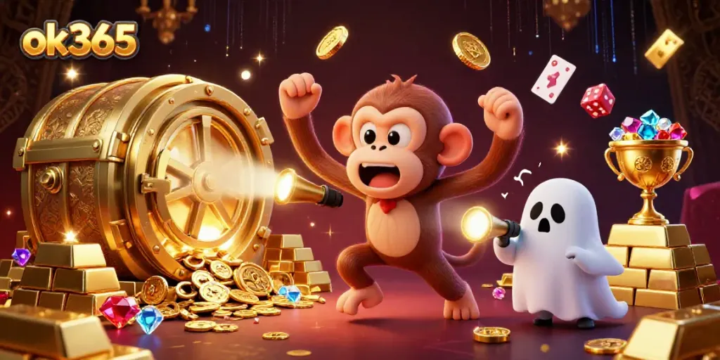 Engage in thrilling gameplay at ok365, featuring a poltergeist monkey juggling riches in a haunted casino.