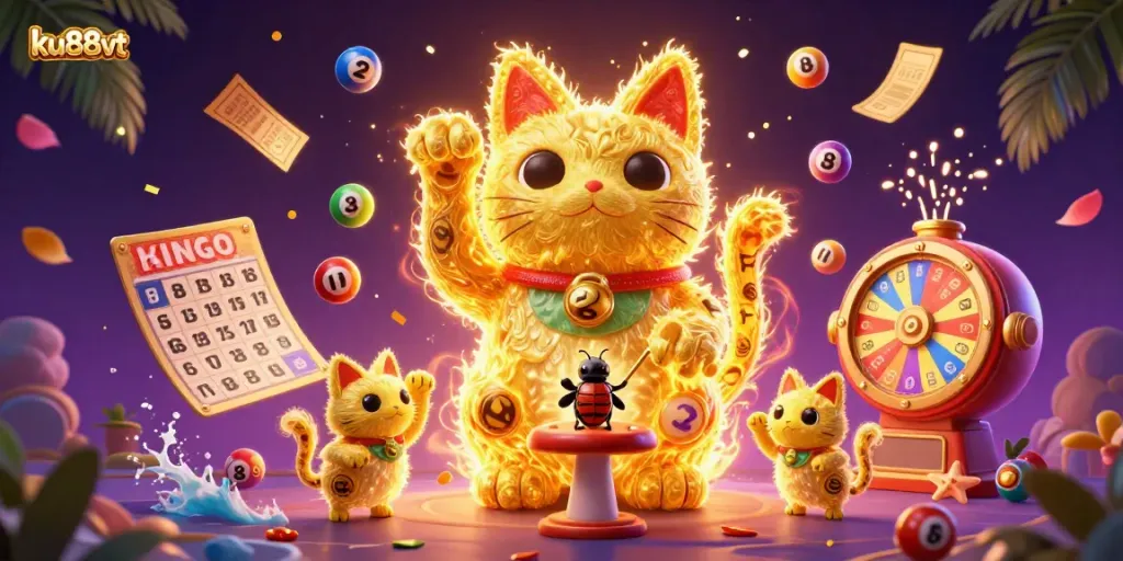 Engage with ku88vt's dynamic casino theme through vibrant lucky cat fireflies and lotto elements.