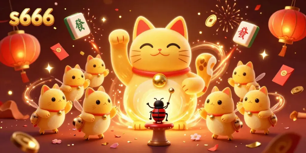 Engage with the exciting world of s666 casino as golden fireflies form a lucky cat amidst colorful gaming symbols.