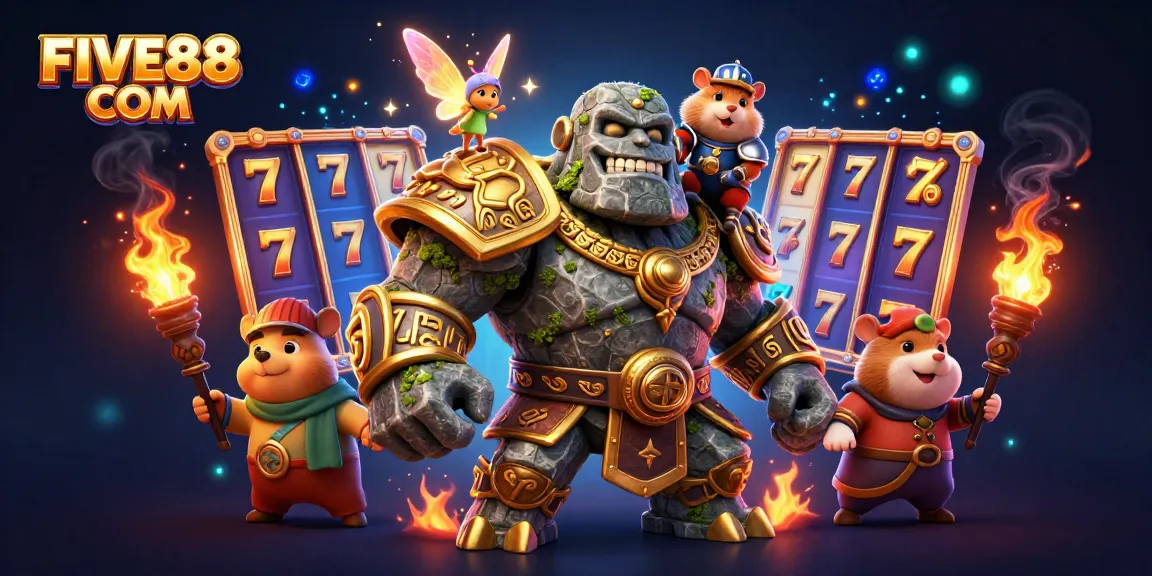 Experience FIVE88 COM with dynamic slot game action, including golem guardian and magical characters.