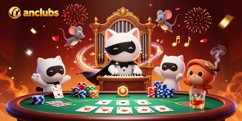 Experience excitement at manclubs with a vibrant casino scene featuring a whimsical cat and mouse.