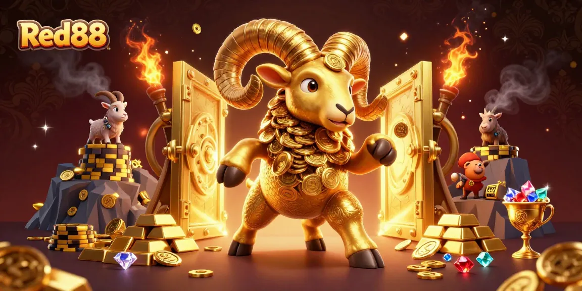 Red88 offers a vibrant casino experience with massive golden ram charging at riches, embodying excitement.