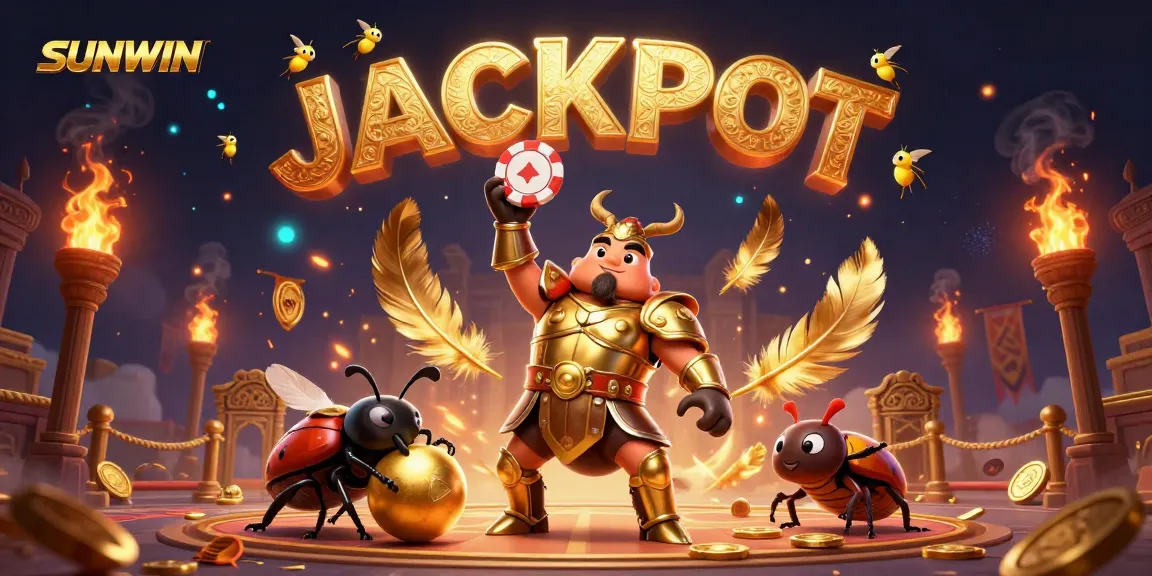 SUNWIN celebrates victory in gaming with a hercules beetle lifting a poker chip surrounded by vibrant casino elements.