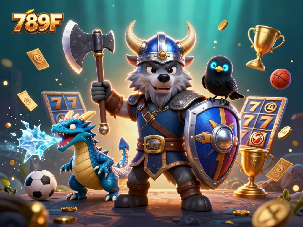Experience the excitement of 789F with a vibrant 3D illustration featuring a Viking wolf warrior, dragon, and casino elements.