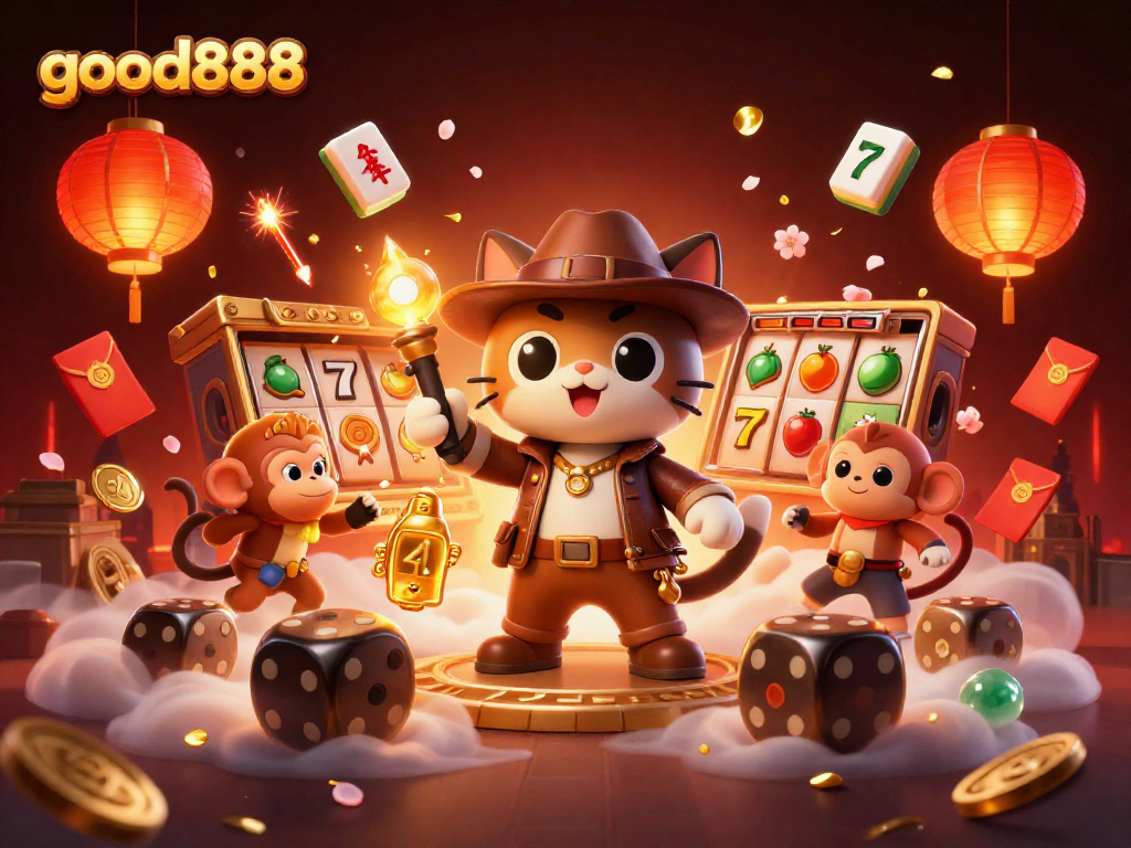 Experience thrilling gameplay with good888's dazzling slot reels surrounded by dynamic casino elements.