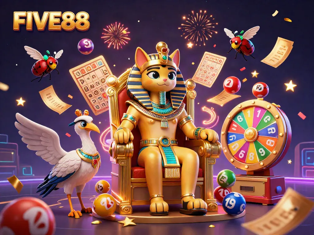 Engaging FIVE88 casino illustration showcasing festive lottery elements and characters in action.