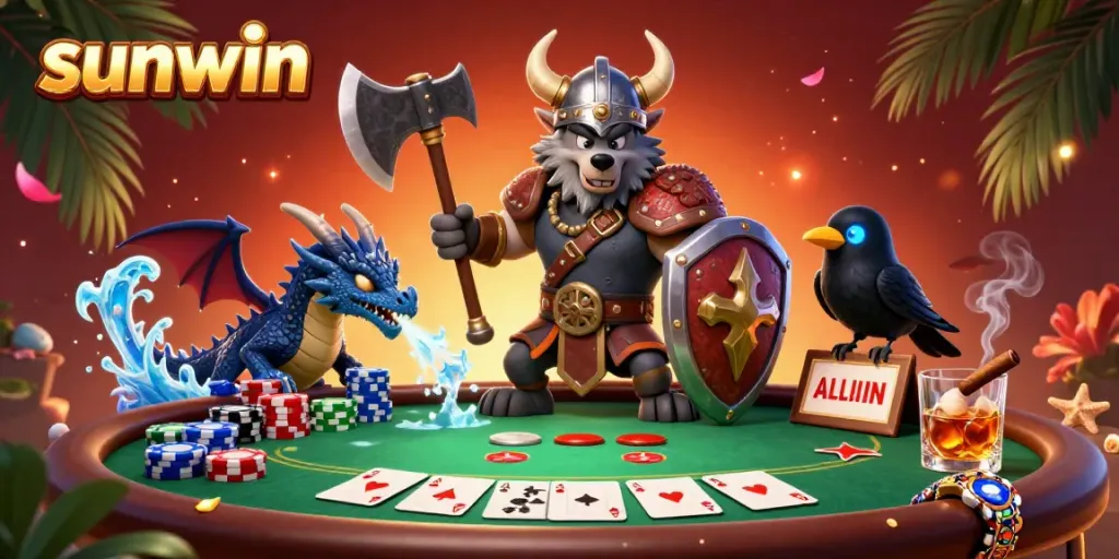 Engage in thrilling poker action with sunwin's Viking wolf warrior and dynamic gaming elements.